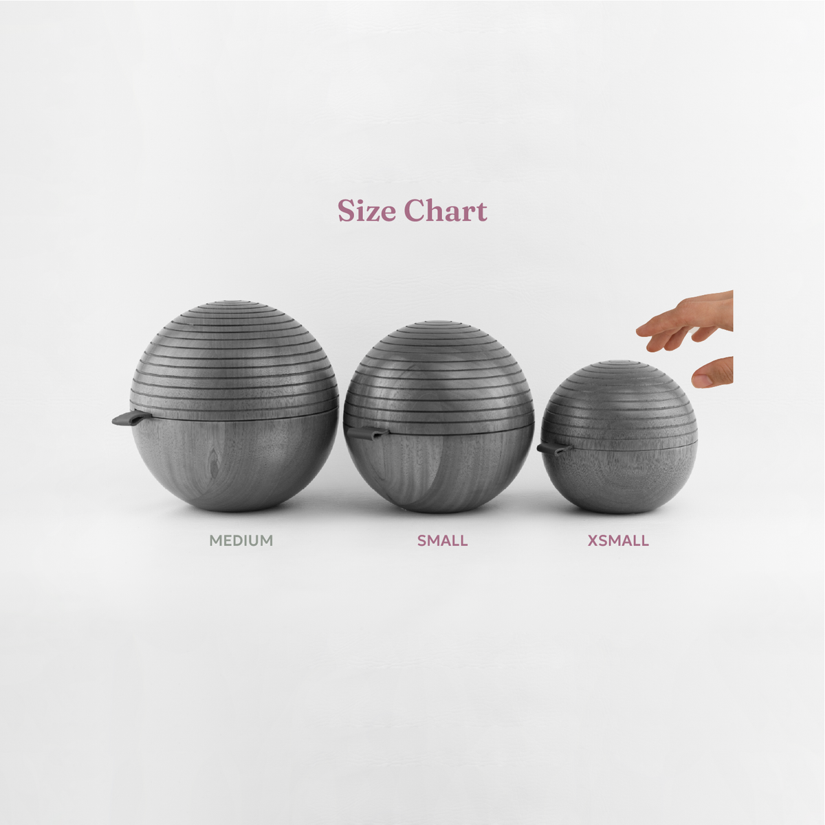 Pure Love pet urn size comparison: XSmall, Small, and Medium